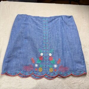 Talbots Plus Petite Blue Linen Cotton Tropical Embroidered Scalloped Skirt 16WP